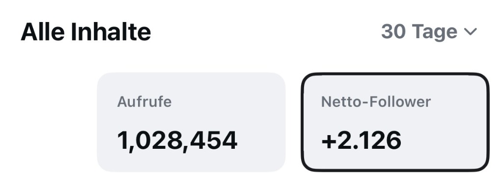 Insights 30 Tage in Zusammenarbeit: 1.028.454 Aufrufe, +2.126 Netto-Follower
